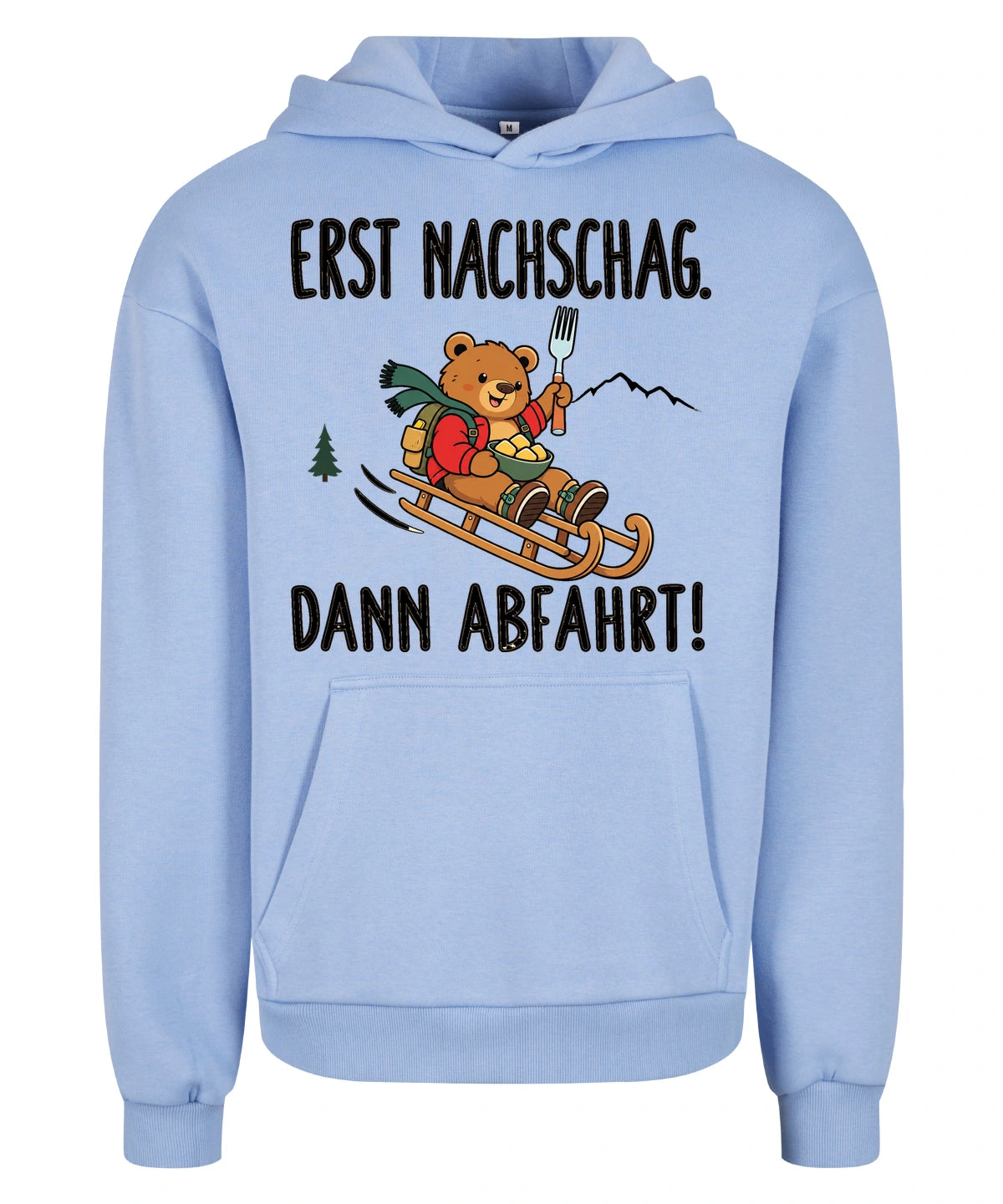 Erst Nachschlag Hoodie in Powder Blue – Vorderansicht mit Kaiserbär-Weihnachtsmotiv