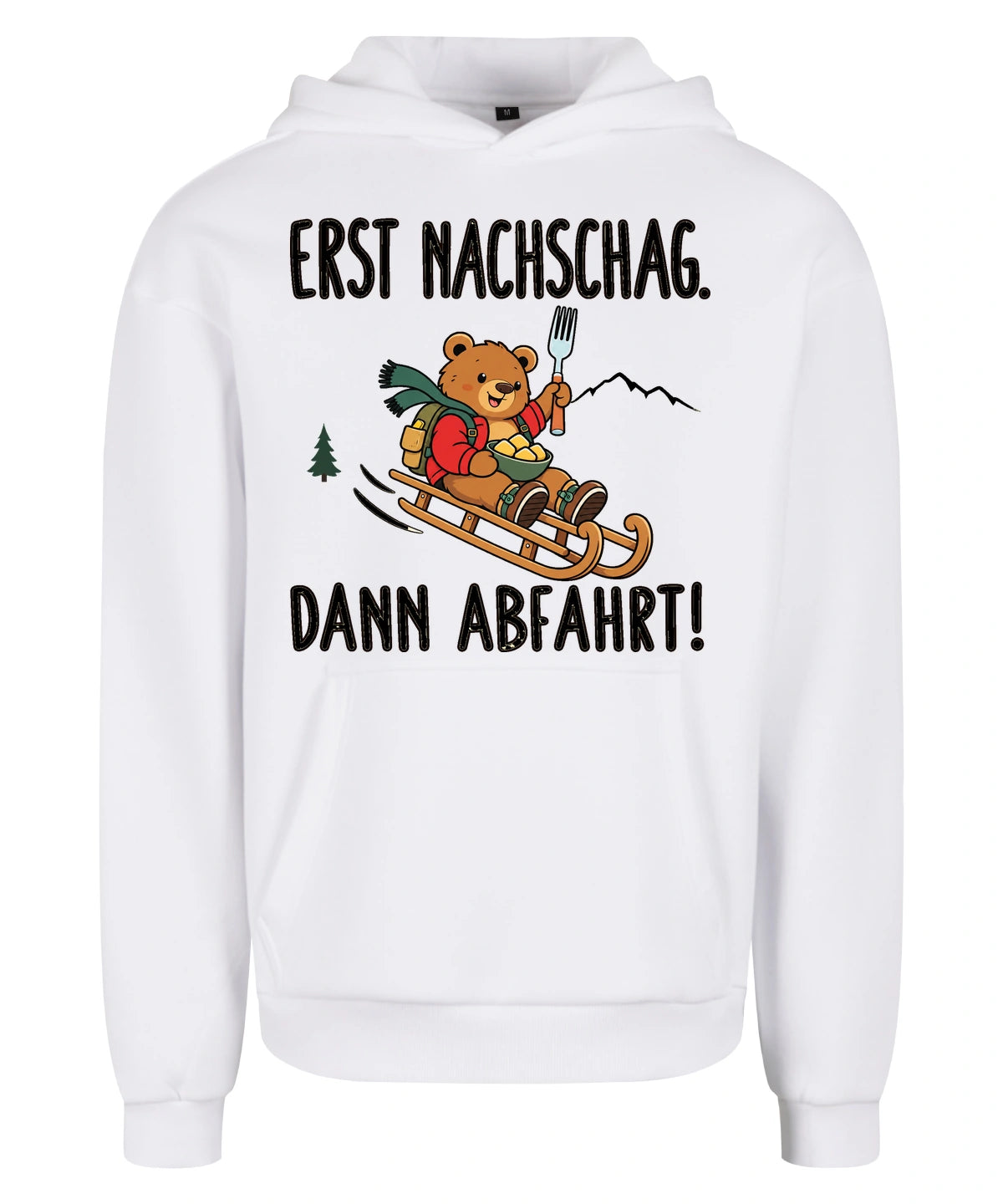Erst Nachschlag Hoodie in White – Vorderansicht mit Kaiserbär-Weihnachtsmotiv