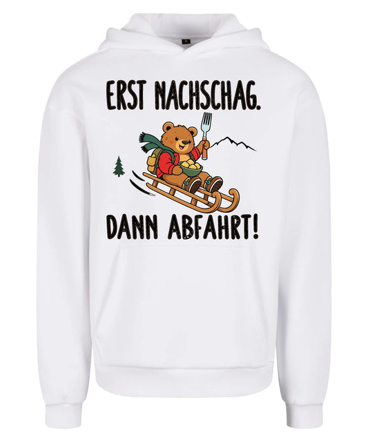 Erst Nachschlag Hoodie in White – Vorderansicht mit Kaiserbär-Weihnachtsmotiv