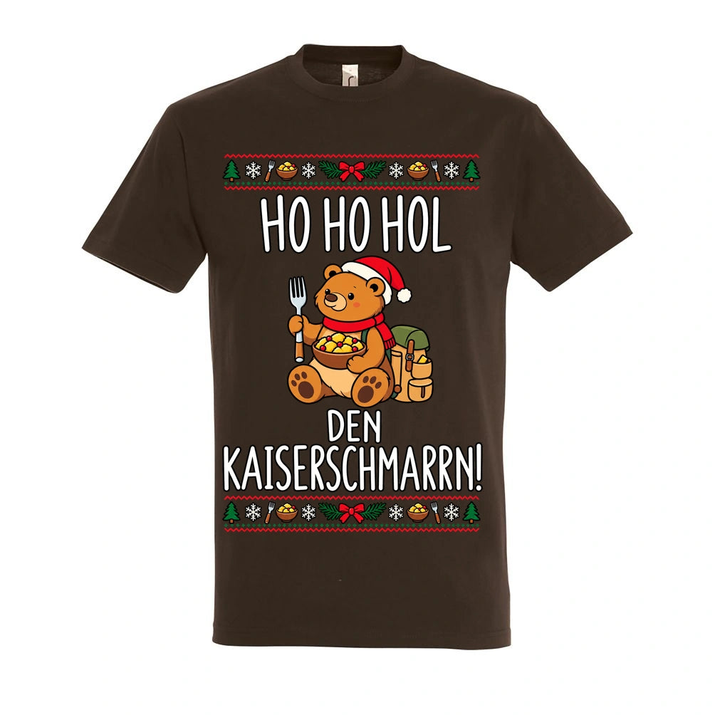 Ho Ho Hol T-Shirt Unisex in Chocolate – Vorderansicht mit mittlerer Brustplatzierung des Kaiserbär-Motivs