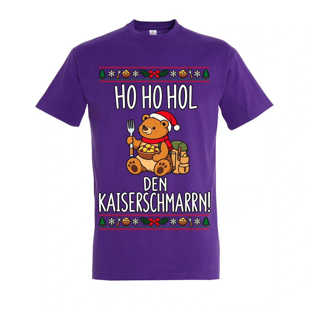 Ho Ho Hol T-Shirt Unisex in Dark Purple – Vorderansicht mit mittlerer Brustplatzierung des Kaiserbär-Motivs