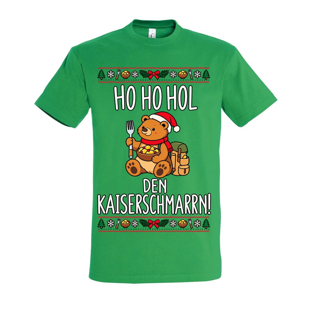 Ho Ho Hol T-Shirt Unisex in Kelly Green – Vorderansicht mit mittlerer Brustplatzierung des Kaiserbär-Motivs