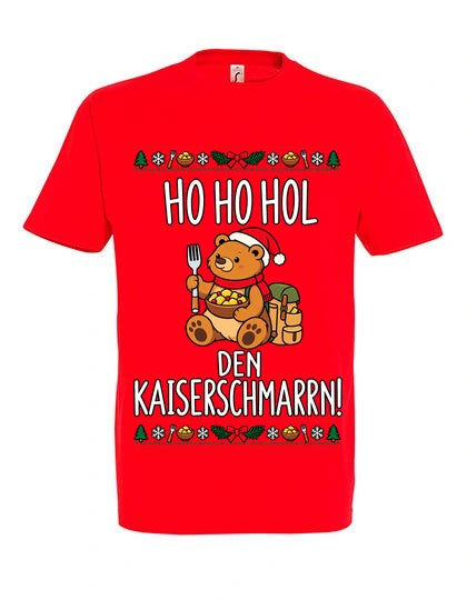 Ho Ho Hol T-Shirt Unisex in Red – Vorderansicht mit mittlerer Brustplatzierung des Kaiserbär-Motivs