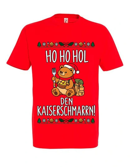 Ho Ho Hol T-Shirt Unisex in Red – Vorderansicht mit mittlerer Brustplatzierung des Kaiserbär-Motivs