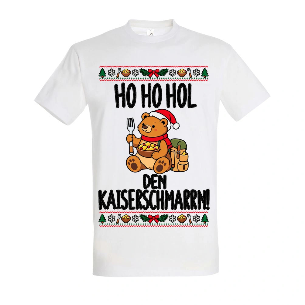 Ho Ho Hol T-Shirt Unisex in White – Vorderansicht mit mittlerer Brustplatzierung des Kaiserbär-Motivs