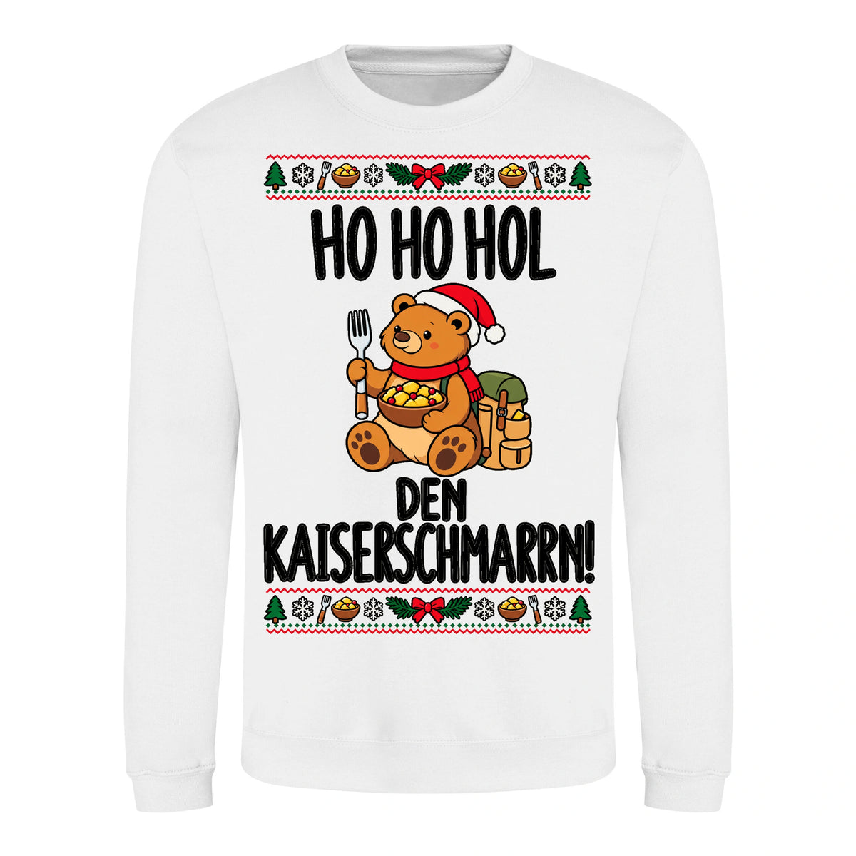 Ho Ho Hol Sweater in Arctic White – Vorderansicht mit Kaiserbär-Weihnachtsmotiv