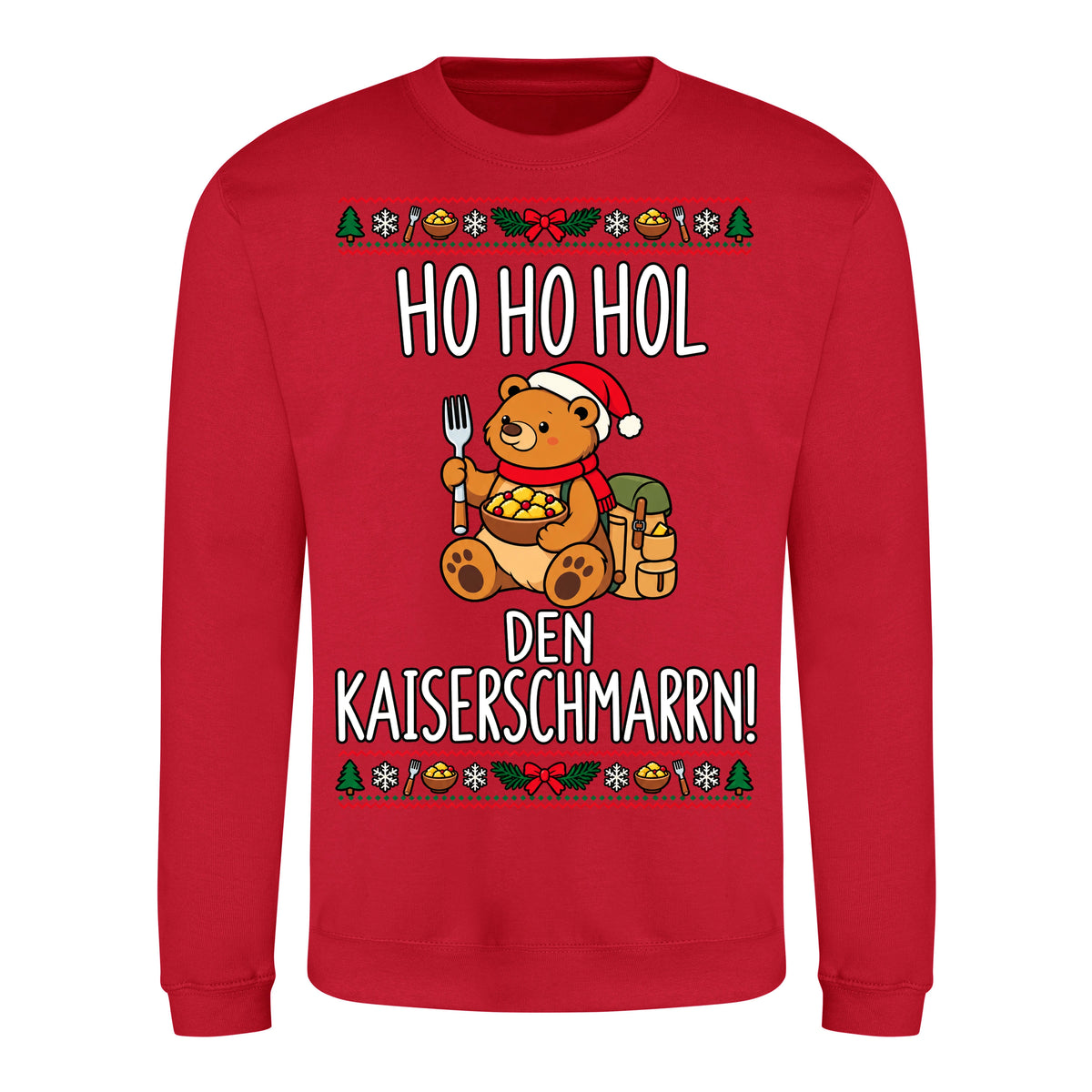 Ho Ho Hol Sweater in Fire Red – Vorderansicht mit Kaiserbär-Weihnachtsmotiv