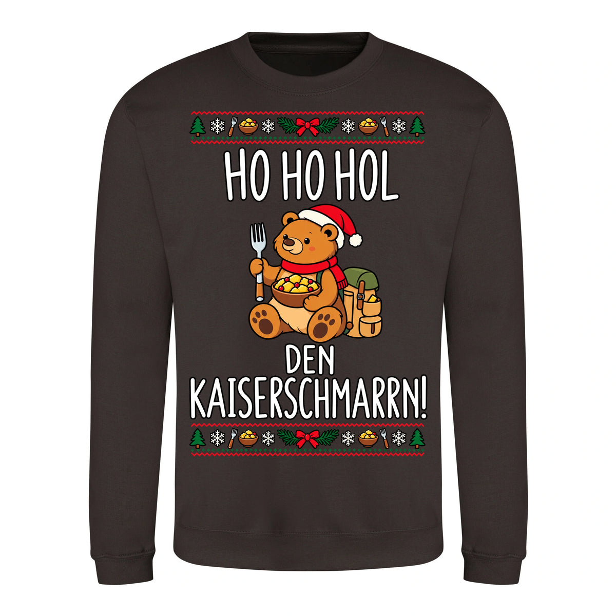 Ho Ho Hol Sweater in Hot Chocolate – Vorderansicht mit Kaiserbär-Weihnachtsmotiv