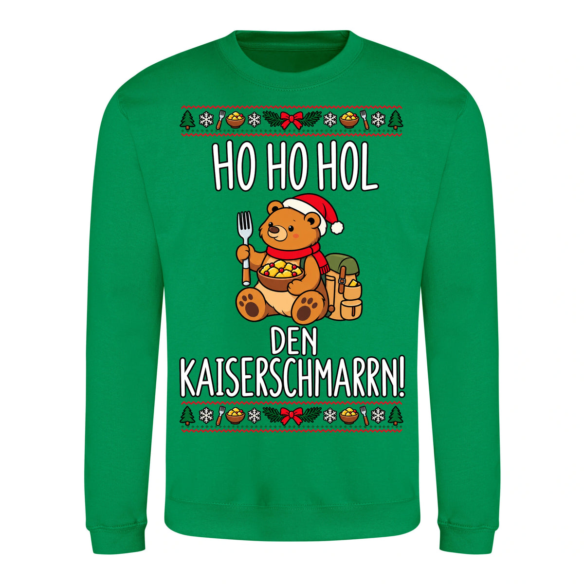 Ho Ho Hol Sweater in Kelly Green – Vorderansicht mit Kaiserbär-Weihnachtsmotiv