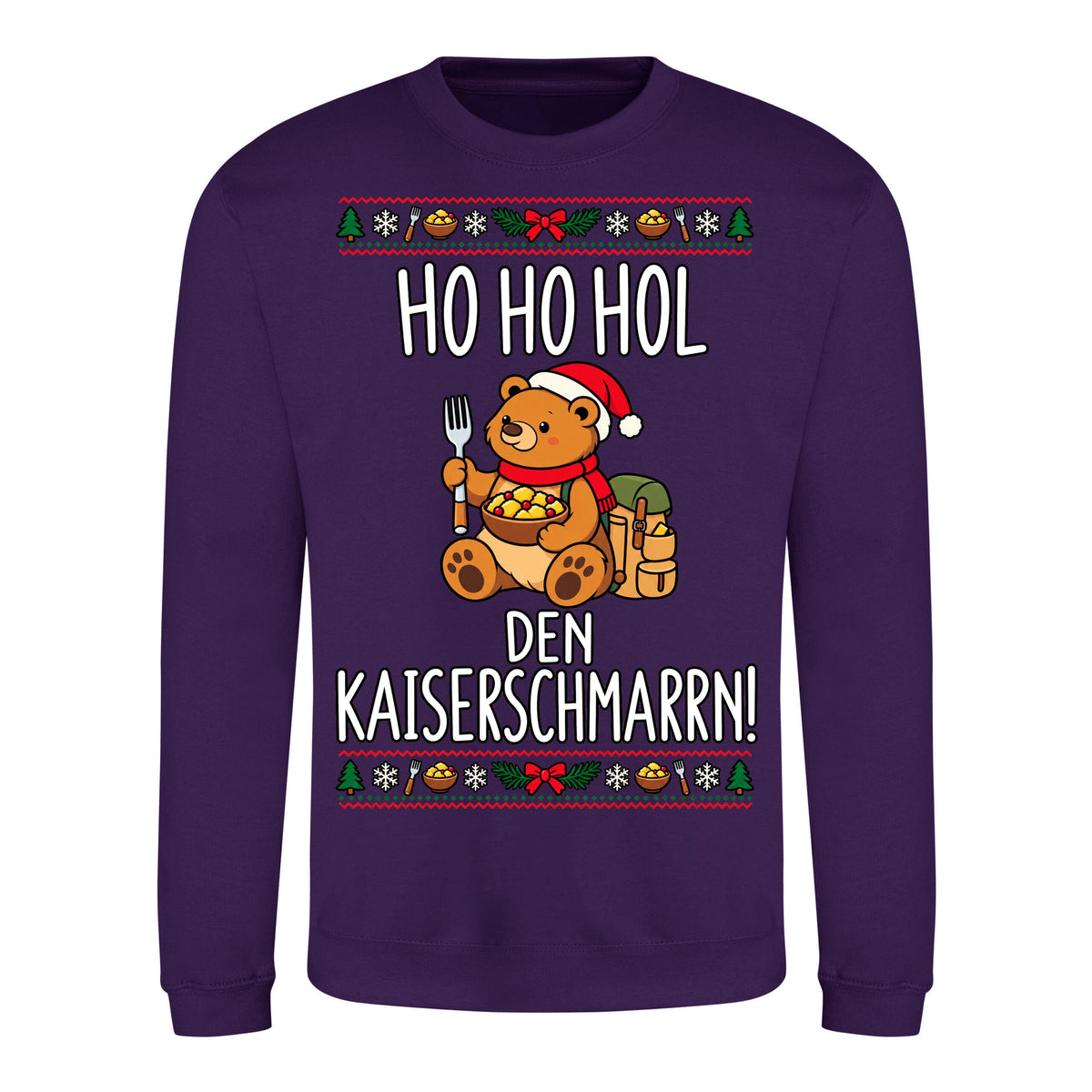 Ho Ho Hol Sweater in Purple – Vorderansicht mit Kaiserbär-Weihnachtsmotiv