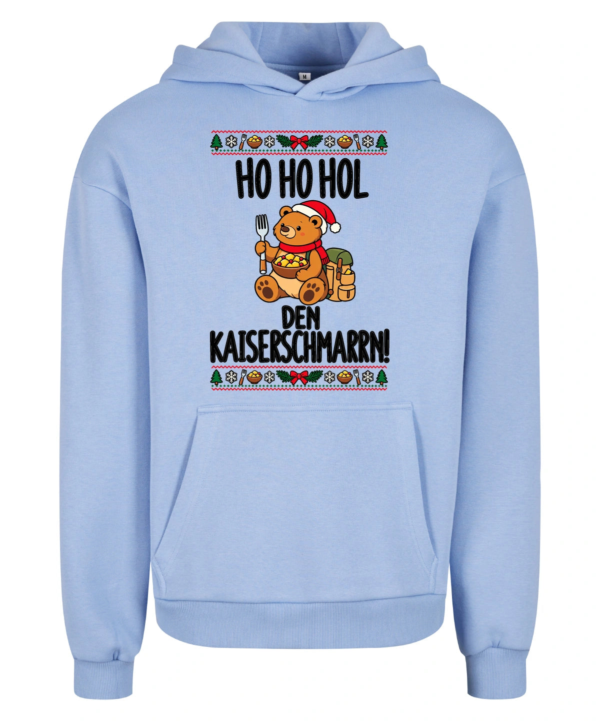 Ho Ho Hol Hoodie in Powder Blue – Vorderansicht mit Kaiserbär-Weihnachtsmotiv