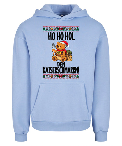 Ho Ho Hol Hoodie in Powder Blue – Vorderansicht mit Kaiserbär-Weihnachtsmotiv