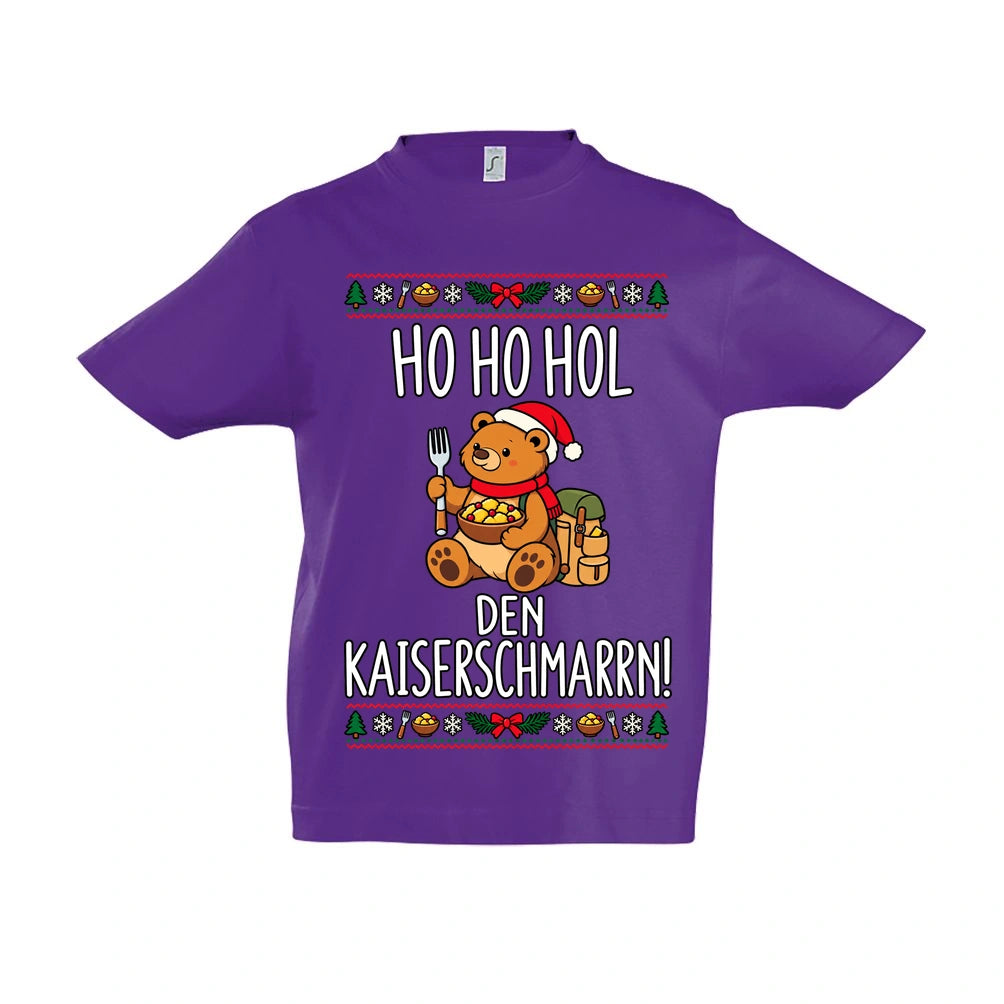 Ho Ho Hol Kinder T-Shirt in Dark Purple – Vorderansicht, Motiv mittig zwischen den Ärmelansätzen