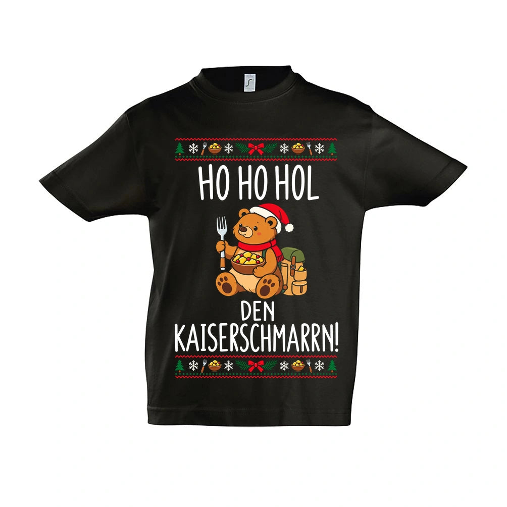 Ho Ho Hol Kinder T-Shirt in Deep Black – Vorderansicht, Motiv mittig zwischen den Ärmelansätzen
