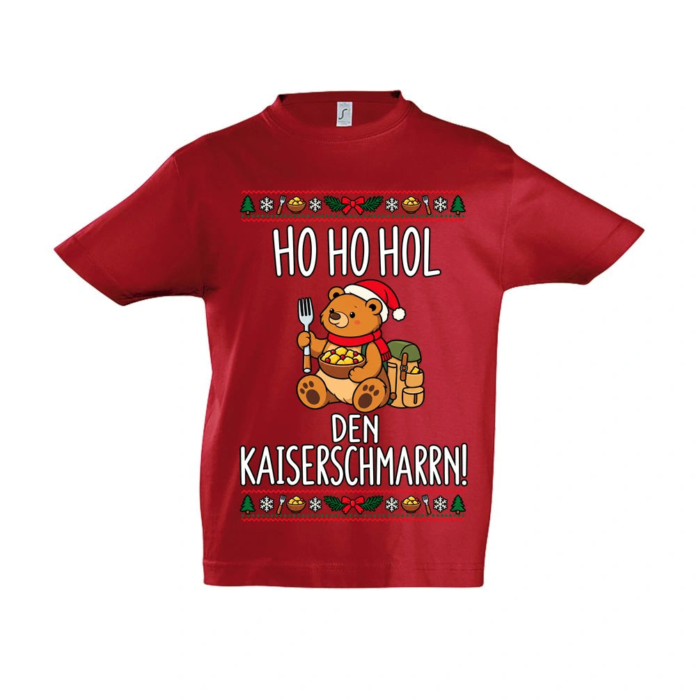 Ho Ho Hol Kinder T-Shirt in Red – Vorderansicht, Motiv mittig zwischen den Ärmelansätzen