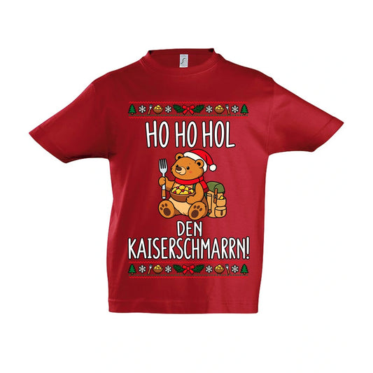 Ho Ho Hol Kinder T-Shirt in Red – Vorderansicht, Motiv mittig zwischen den Ärmelansätzen