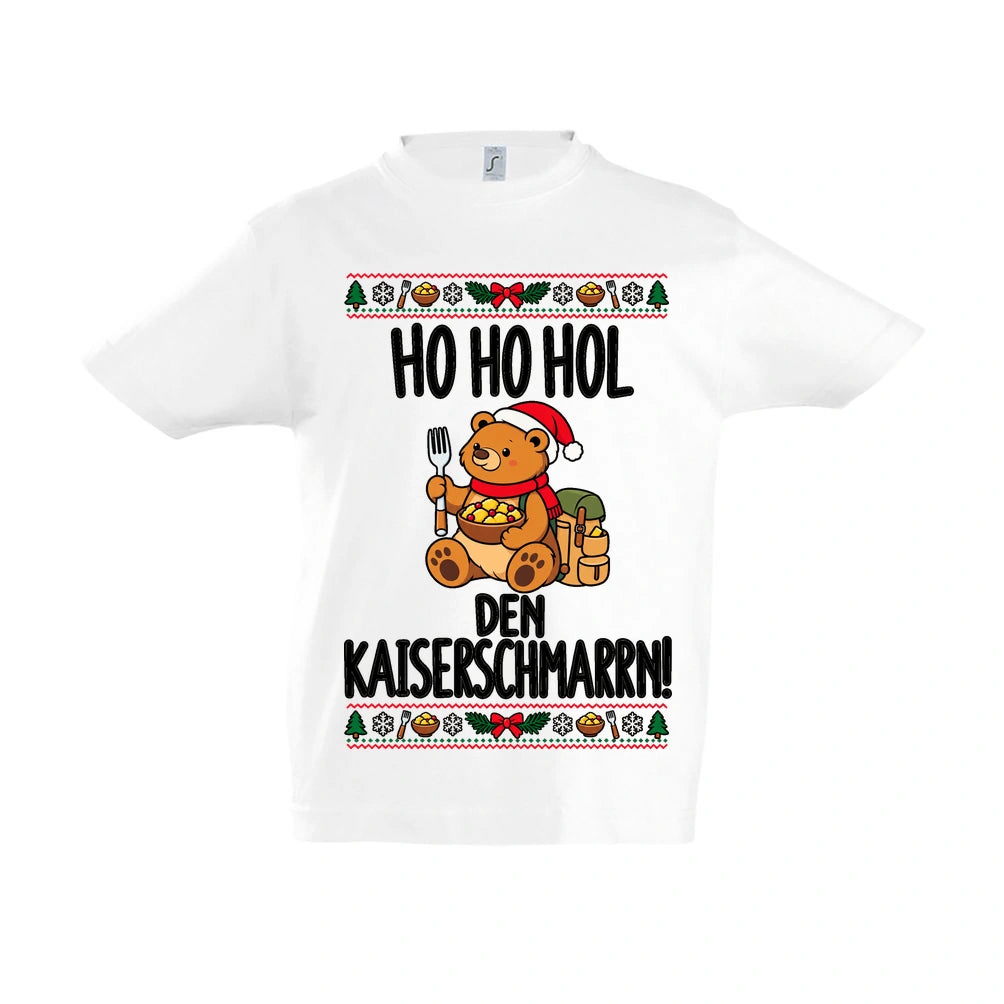 Ho Ho Hol Kinder T-Shirt in White – Vorderansicht, Motiv mittig zwischen den Ärmelansätzen