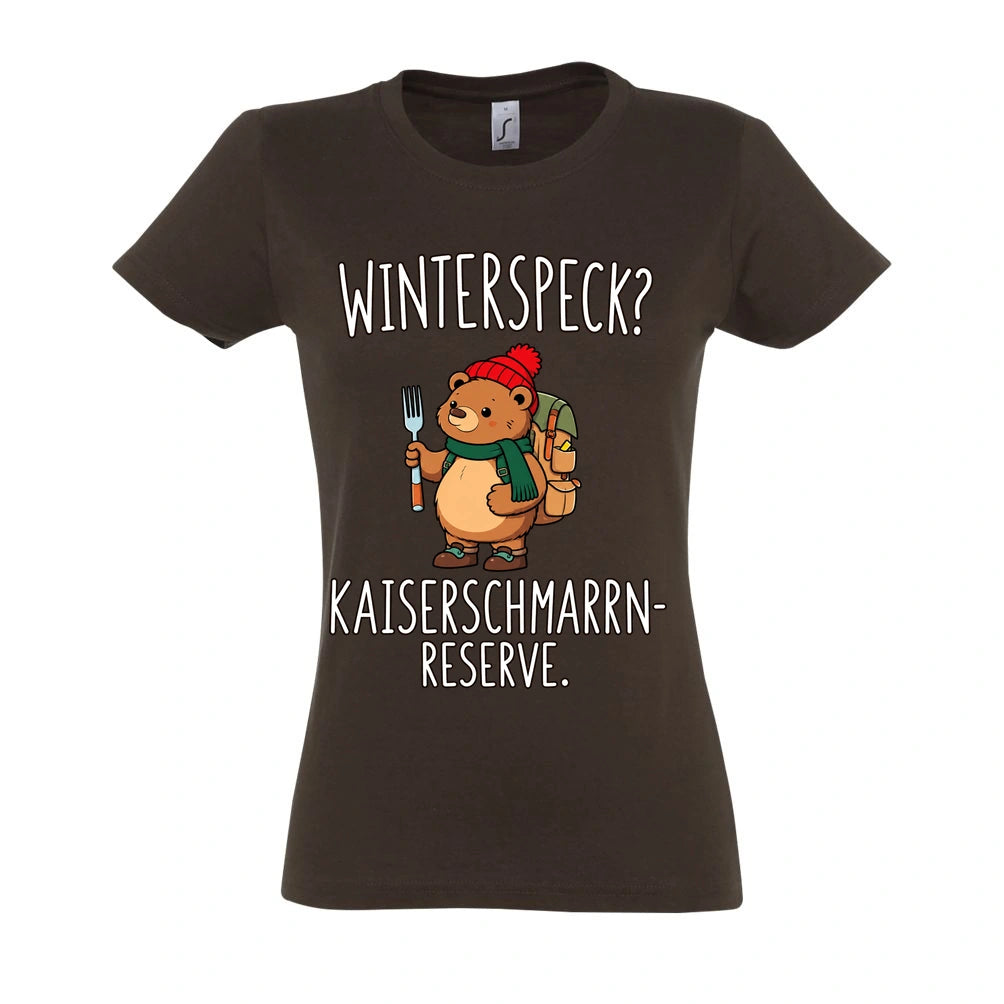Kaiserschmarrn-Reserve Frauen Shirt in Chocolate – Vorderansicht mit Kaiserbär-Weihnachtsmotiv