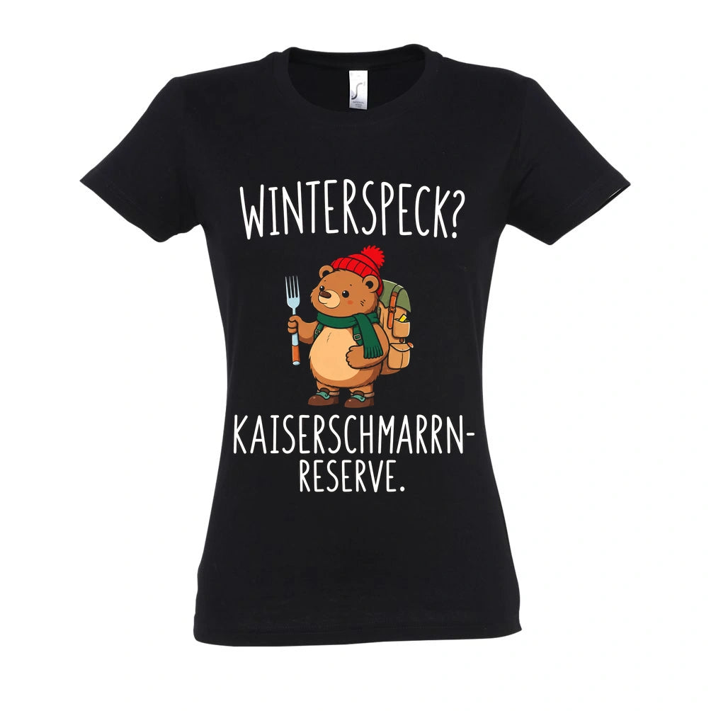 Kaiserschmarrn-Reserve Frauen Shirt in Deep Black – Vorderansicht mit Kaiserbär-Weihnachtsmotiv