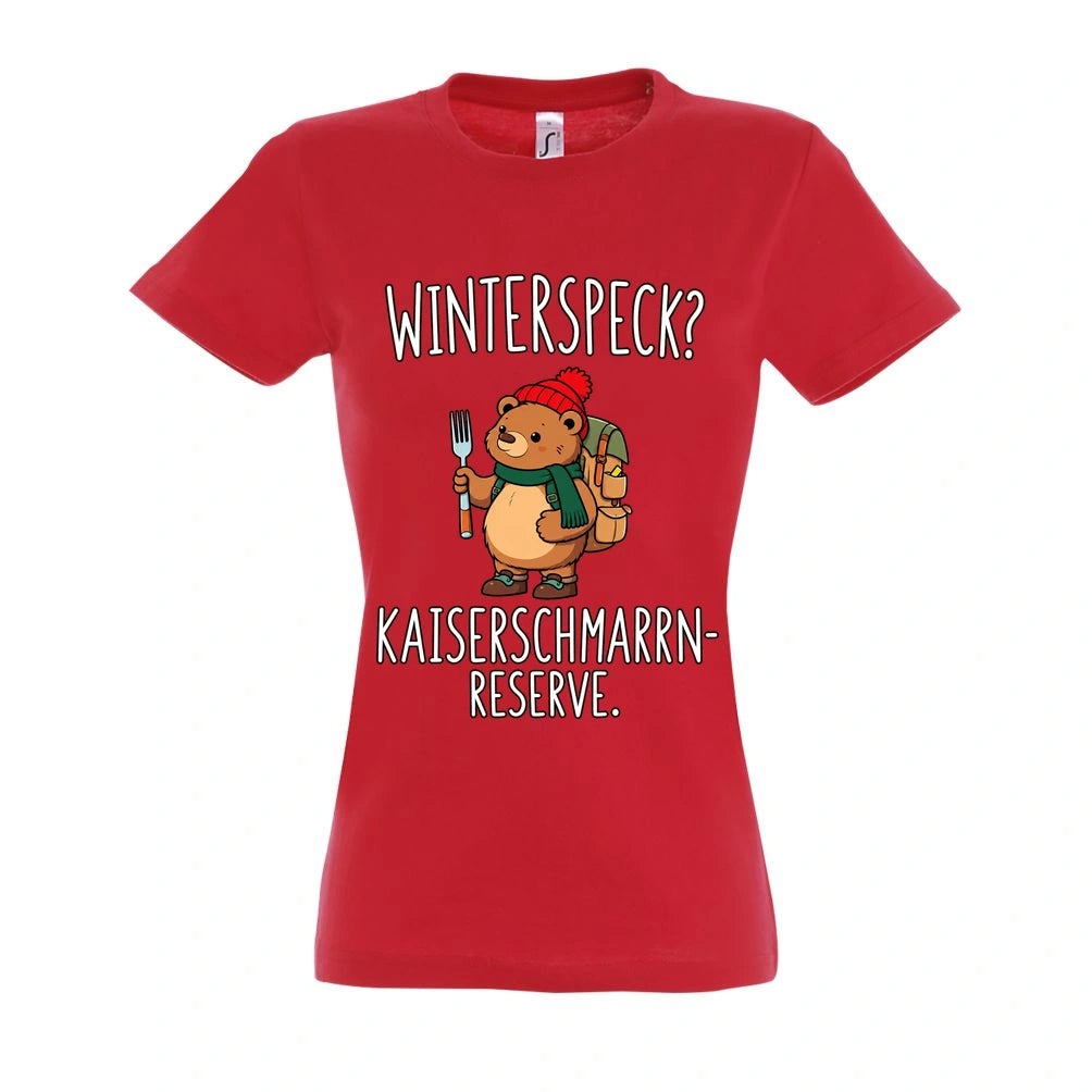 Kaiserschmarrn-Reserve Frauen Shirt in Red – Vorderansicht mit Kaiserbär-Weihnachtsmotiv