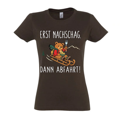 Erst Nachschlag Frauen Shirt in Chocolate – Vorderansicht mit Kaiserbär-Weihnachtsmotiv