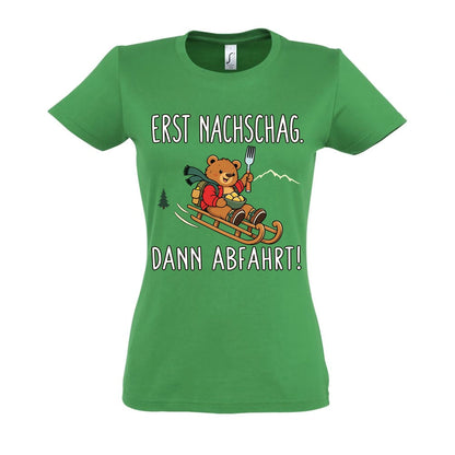 Erst Nachschlag Frauen Shirt in Kelly Green – Vorderansicht mit Kaiserbär-Weihnachtsmotiv