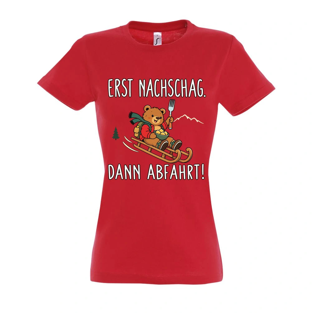 Erst Nachschlag Frauen Shirt in Red – Vorderansicht mit Kaiserbär-Weihnachtsmotiv