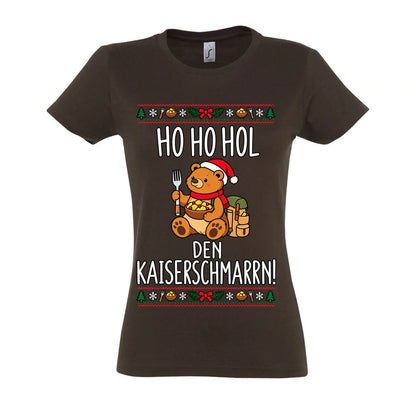 Ho Ho Hol Frauen Shirt in Chocolate – Vorderansicht mit Kaiserbär-Weihnachtsmotiv