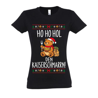 Ho Ho Hol Frauen Shirt in Deep Black – Vorderansicht mit Kaiserbär-Weihnachtsmotiv