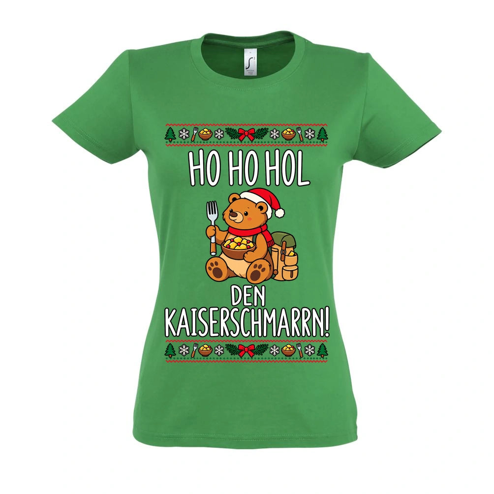 Ho Ho Hol Frauen Shirt in Kelly Green – Vorderansicht mit Kaiserbär-Weihnachtsmotiv