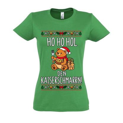 Ho Ho Hol Frauen Shirt in Kelly Green – Vorderansicht mit Kaiserbär-Weihnachtsmotiv