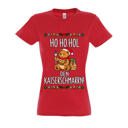 Ho Ho Hol Frauen Shirt in Red – Vorderansicht mit Kaiserbär-Weihnachtsmotiv