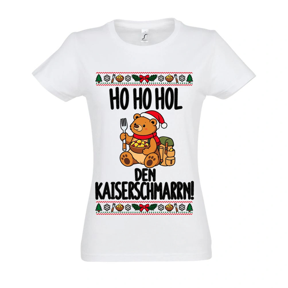 Ho Ho Hol Frauen Shirt in White – Vorderansicht mit Kaiserbär-Weihnachtsmotiv
