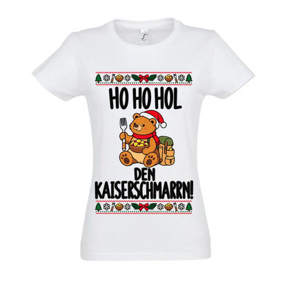 Ho Ho Hol Frauen Shirt in White – Vorderansicht mit Kaiserbär-Weihnachtsmotiv