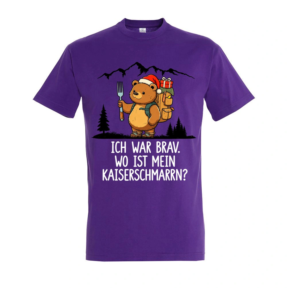 Ich war brav T-Shirt Unisex in Dark Purple – Vorderansicht mit Kaiserbär-Weihnachtsmotiv