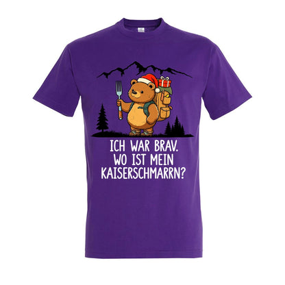 Ich war brav T-Shirt Unisex in Dark Purple – Vorderansicht mit Kaiserbär-Weihnachtsmotiv