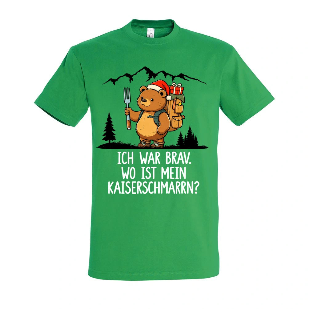 Ich war brav T-Shirt Unisex in Kelly Green – Vorderansicht mit Kaiserbär-Weihnachtsmotiv
