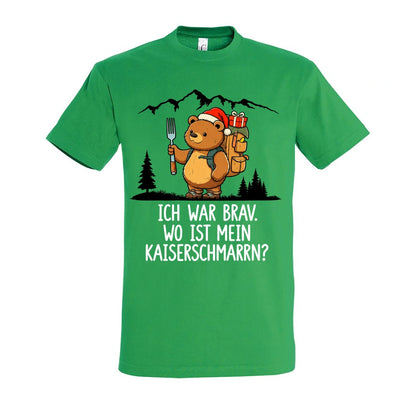 Ich war brav T-Shirt Unisex in Kelly Green – Vorderansicht mit Kaiserbär-Weihnachtsmotiv