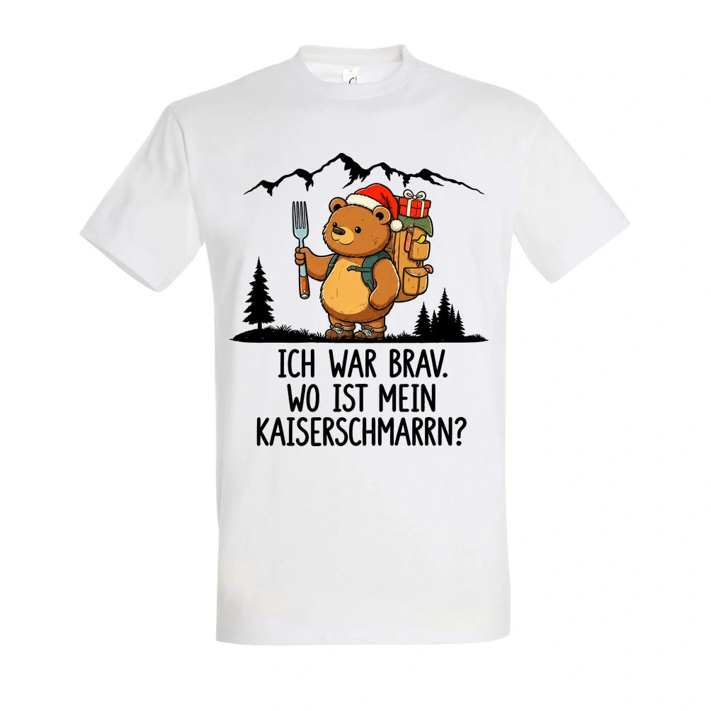 Ich war brav T-Shirt Unisex in White – Vorderansicht mit Kaiserbär-Weihnachtsmotiv