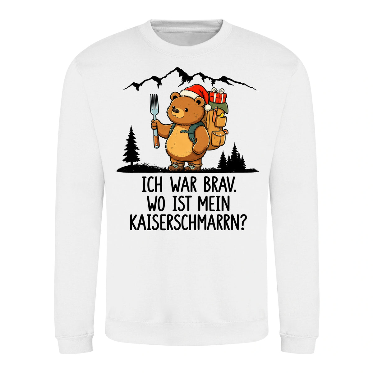 Ich war brav Sweater in Arctic White – Vorderansicht mit Kaiserbär-Weihnachtsmotiv