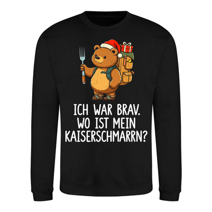 Ich war brav Sweater in Deep Black – Vorderansicht mit Kaiserbär-Weihnachtsmotiv