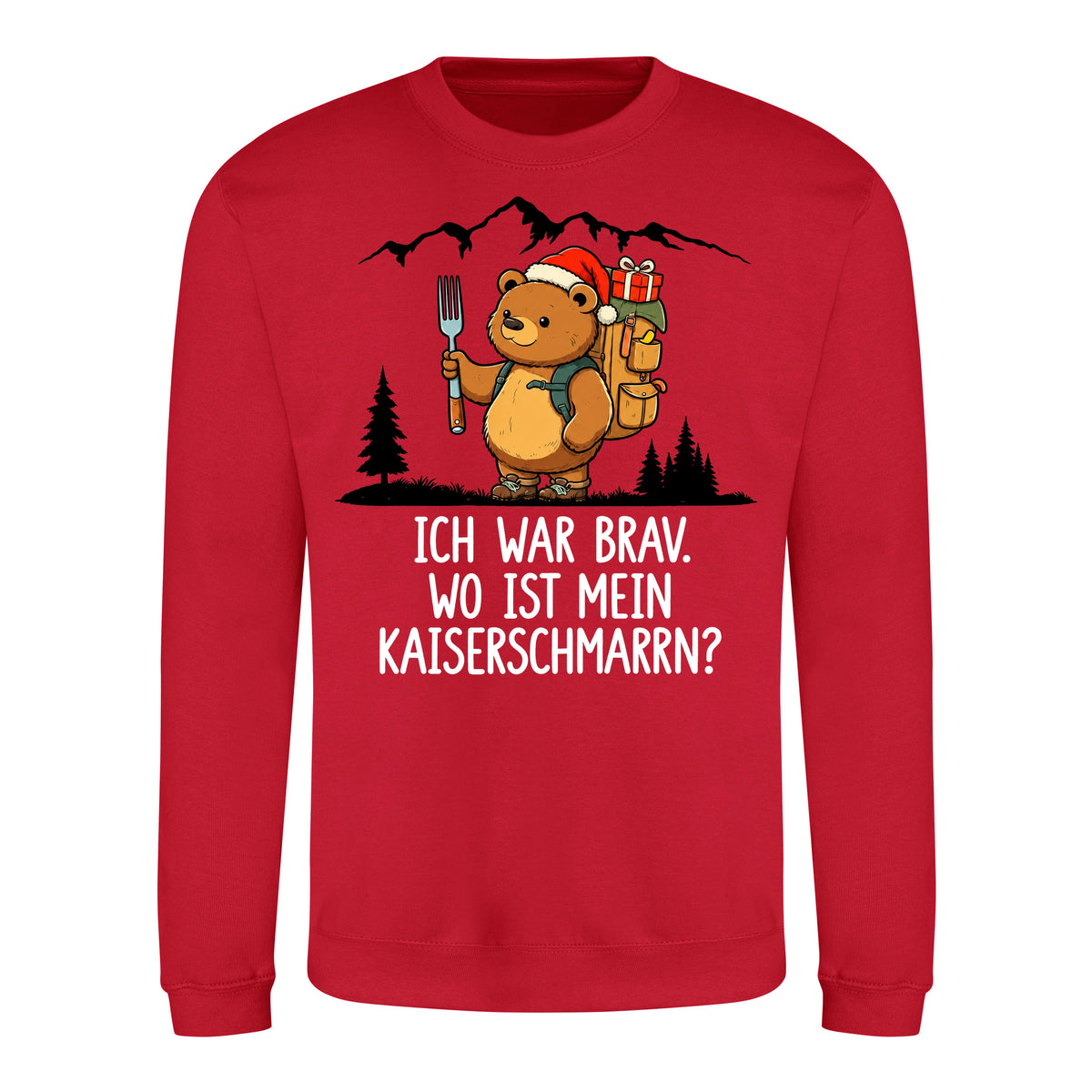Ich war brav Sweater in Fire Red – Vorderansicht mit Kaiserbär-Weihnachtsmotiv