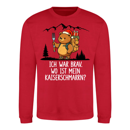 Ich war brav Sweater in Fire Red – Vorderansicht mit Kaiserbär-Weihnachtsmotiv