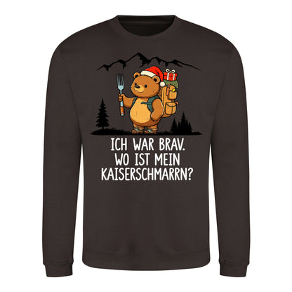 Ich war brav Sweater in Hot Chocolate – Vorderansicht mit Kaiserbär-Weihnachtsmotiv