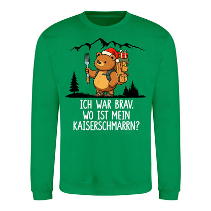 Ich war brav Sweater in Kelly Green – Vorderansicht mit Kaiserbär-Weihnachtsmotiv