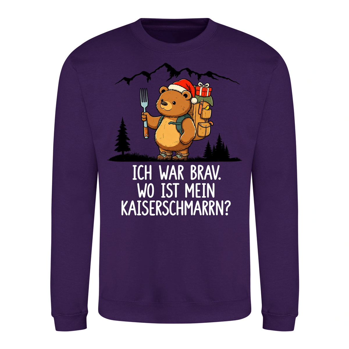 Ich war brav Sweater in Purple – Vorderansicht mit Kaiserbär-Weihnachtsmotiv
