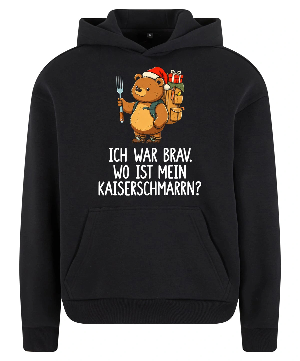 Ich war brav Hoodie in Black – Vorderansicht mit Kaiserbär-Weihnachtsmotiv