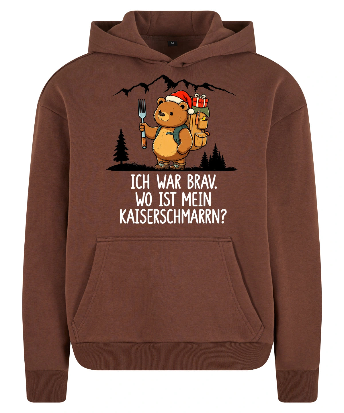 Ich war brav Hoodie in Chocolate Brown – Vorderansicht mit Kaiserbär-Weihnachtsmotiv