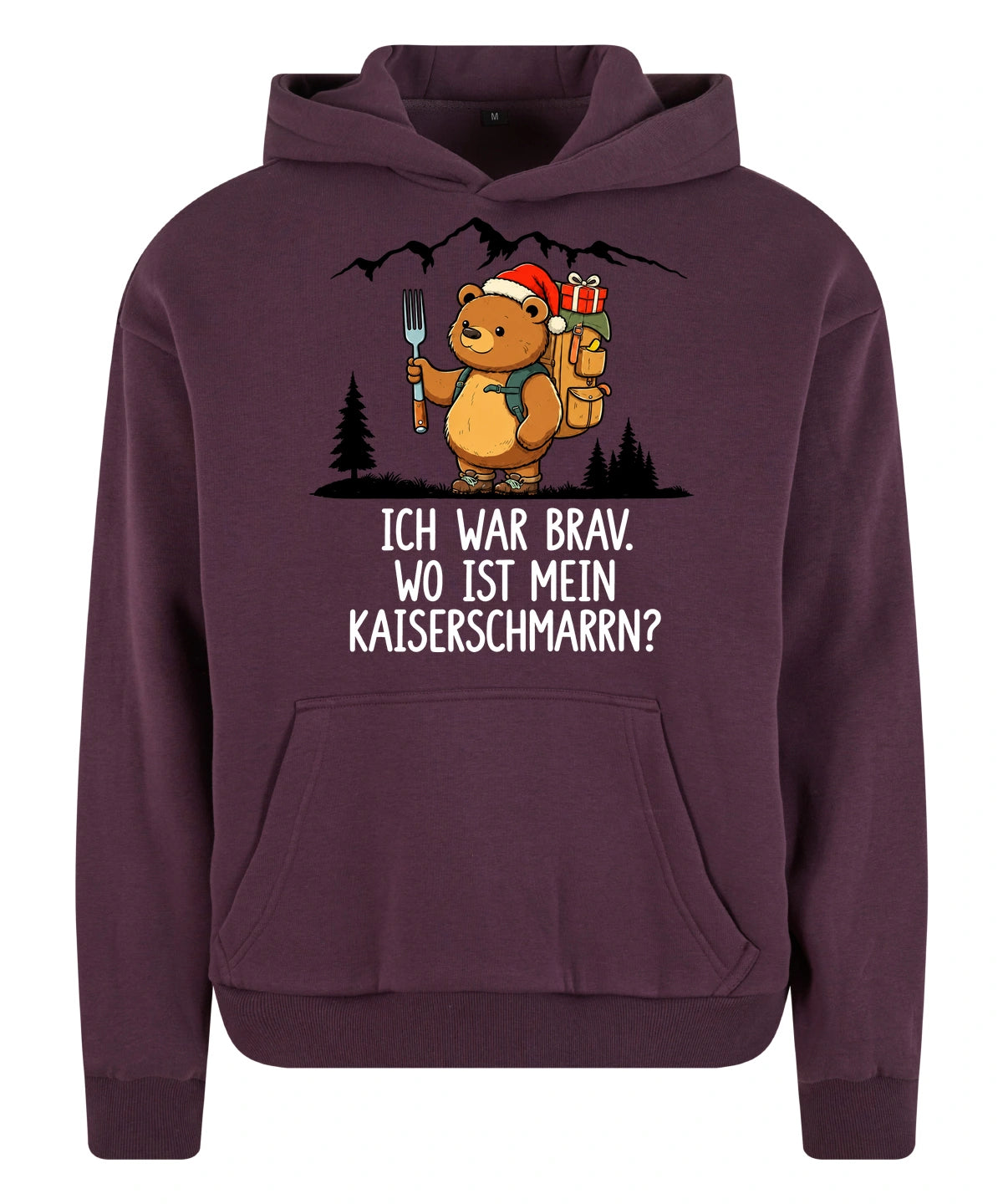 Ich war brav Hoodie in Plum Purple – Vorderansicht mit Kaiserbär-Weihnachtsmotiv