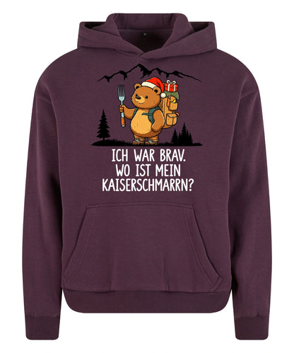Ich war brav Hoodie in Plum Purple – Vorderansicht mit Kaiserbär-Weihnachtsmotiv